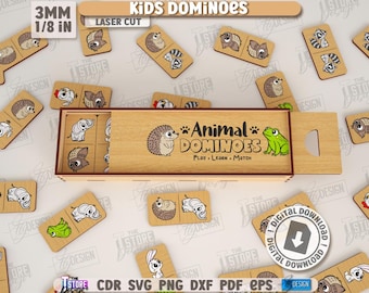Dominó infantil 3D cortado a laser para download digital, conjunto de dominó de animais, dominó infantil de madeira, jogo montessori, jogo infantil svg, brinquedo educativo