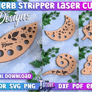 May include: Five laser cut designs for a herb stripper. The designs include a leaf, a crescent moon, a cloud, a spiral, and a leaf shape. The designs are made of brown wood and have holes for stripping herbs.