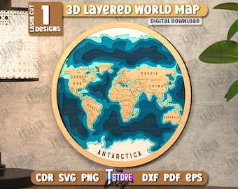 Diseño de mapa del mundo en capas 3D cortado con láser, arte de pared multicapa, archivo de mapa del mundo cortado con láser 3D, mapa del mundo multicapa cortado con láser, decoración de pared