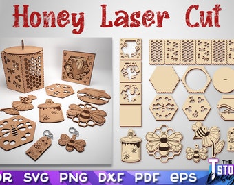 May include: Laser cut honey themed design files. The design includes a honey jar, honeycomb, bees, and a beehive. The files are available in CDR, SVG, PNG, DXF, PDF, and EPS formats.