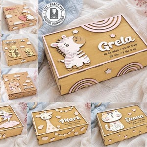 May include: A rectangular wooden keepsake box featuring a laser-cut zebra, pink rainbows, and stars on the lid. The text reads Greta, 18.03.2026, 02:41 PM, and 20 inc / 7 lbs 4 oz. The design includes 10 laser cut files for 3mm material width.