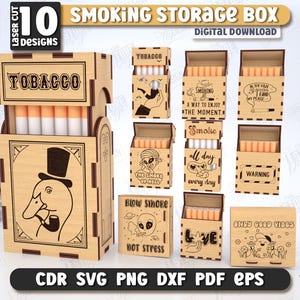 Scatola portaoggetti per fumatori tagliata al laser, scatola per sigarette, scatola 3D tagliata al laser, scatola per tabacco in formato SVG, scatola di legno in formato SVG, citazioni e detti sui fumatori in formato SVG