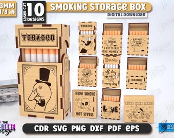 Caja para guardar cigarrillos cortada a láser, caja para cigarrillos, caja 3D cortada a láser, caja para tabaco SVG, caja de madera SVG, frases y refranes para fumadores SVG
