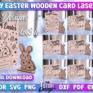 Pacote SVG de cartão de madeira de feliz Páscoa cortado a laser | Cartão de Páscoa do enigma 3D | O coelhinho da Páscoa estala acima o cartão | Cartão de madeira de feliz Páscoa cortado a laser