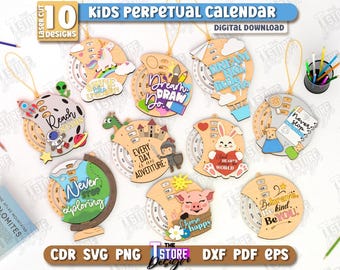 3d Kids perpetual calendar laser cut bundle, eternal calendar laser cut, round calendar laser cut, wall decor, wooden calendar with sliders
