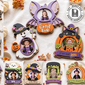 Op de afbeelding: Een collectie van tien lasergesneden houten Halloween-fotolijsten met diverse ontwerpen zoals een vleermuis, spook, kat, pompoen en spookhuis. Elk frame bevat teksten zoals Too Cute to Spook, Little Boo en Purr-fect Boo.