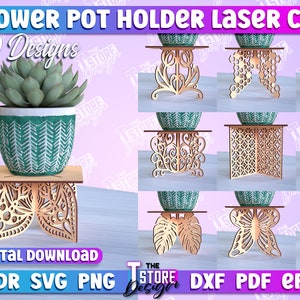 May include: Ten different laser cut designs for flower pot holders. The designs include butterflies, leaves, geometric patterns, and swirls. The designs are made for 3mm thick material and are available as digital downloads in CDR, SVG, PNG, DXF, PDF, and EPS formats.