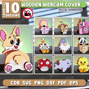 Könnte beinhalten: Holz-Webcam-Abdeckungen in 10 Designs, darunter Corgi, Panda und Ente. Die Abdeckungen sind lasergeschnitten und in verschiedenen Farben gehalten. Der Text lautet "WOODEN WEBCAM COVER" und "DIGITAL DOWNLOAD".