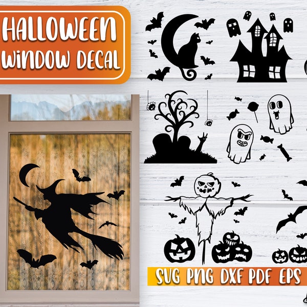 Halloween Window Decal SVG Bundle | Halloween Crafts | Halloween Bat SVG | Witch Design