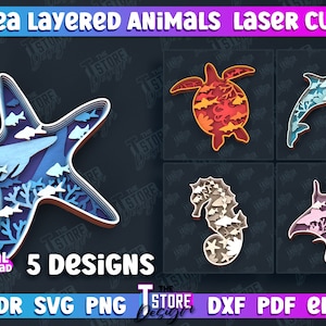 May include: Five layered paper cut designs of sea animals. The designs include a starfish, a sea turtle, a dolphin, a seahorse, and a manta ray. Each design is layered with different colors and patterns.