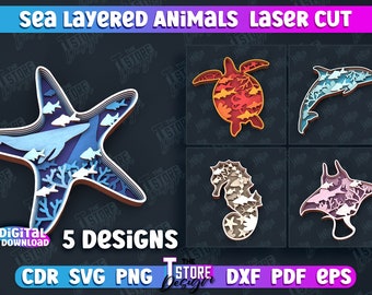 May include: Five layered paper cut designs of sea animals. The designs include a starfish, a sea turtle, a dolphin, a seahorse, and a manta ray. Each design is layered with different colors and patterns.
