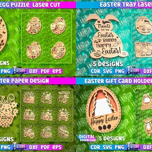 May include: A digital download of five laser cut designs for Easter egg puzzles. The designs feature a variety of Easter themes, including bunnies, eggs, and flowers. The designs are available in CDR, SVG, PNG, DXF, PDF, and EPS formats.