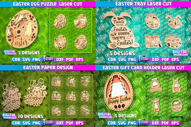 May include: A digital download of five laser cut designs for Easter egg puzzles. The designs feature a variety of Easter themes, including bunnies, eggs, and flowers. The designs are available in CDR, SVG, PNG, DXF, PDF, and EPS formats.