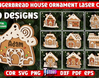 Gingerbread Houses Ornament Bundle, 3D Christmas Tree Toys Laser Cut, Christmas Tree Decoration SVG, Personalized Gingerbread Houses SVG