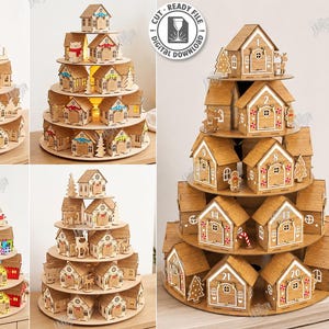 Könnte beinhalten: Ein mehrstöckiger Adventskalender aus Holz mit kleinen Häusern und nummerierten Türen. Das Set enthält fünf lasergeschnittene Designs in 3 mm Materialstärke, mit verschiedenen Farboptionen und festlichen Figuren wie Rentieren und Bäumen.
