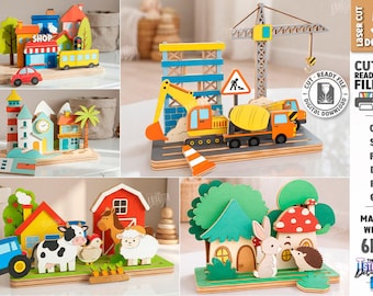 Scena in legno per bambini, file SVG per taglio laser - Set diorama 3D - Città, fattoria, costruzione, foresta - Set di gioco Montessori - File Glowforge - Regalo per bambini svg