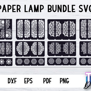 May include: A set of 18 black and white paper lamp SVG cut files. The designs feature intricate mandala patterns. The files are available in SVG, DXF, EPS, PDF, and PNG formats.