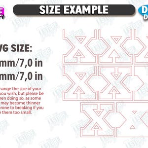 Puede incluir: Ejemplo de dise&ntilde;o digital con el texto "SIZE EXAMPLE" y "DIGITAL DOWNLOAD". El tama&ntilde;o medio es de 17,8 cm. El dise&ntilde;o presenta un patr&oacute;n geom&eacute;trico repetitivo en rojo.