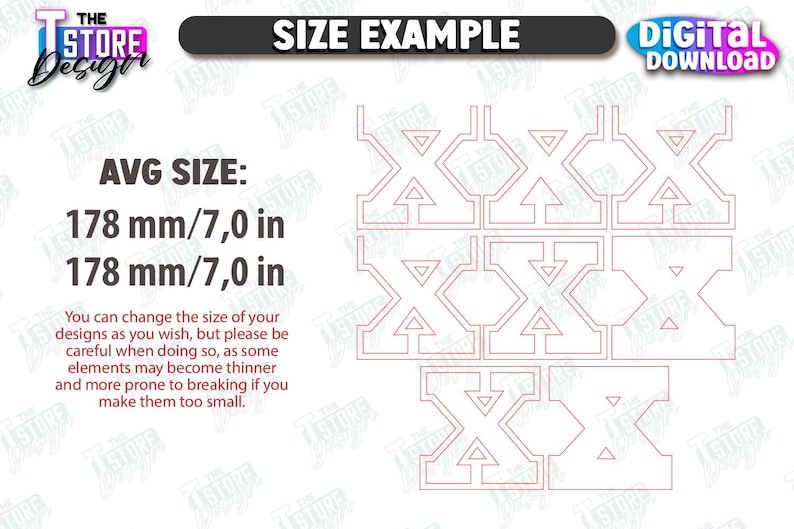 Puede incluir: Ejemplo de dise&ntilde;o digital con el texto "SIZE EXAMPLE" y "DIGITAL DOWNLOAD". El tama&ntilde;o medio es de 17,8 cm. El dise&ntilde;o presenta un patr&oacute;n geom&eacute;trico repetitivo en rojo.
