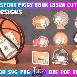 3D Sports Piggy Bank Laser Cut Bundle, Money Bank Boxes Lasercut, Money Box Holder, Cash Box, Personalized Money Box, Target Piggy Banks