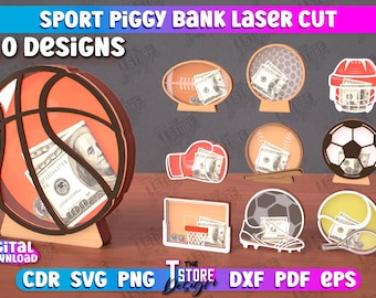 3D Sports Piggy Bank Laser Cut Bundle, Money Bank Boxes Lasercut, Money Box Holder, Cash Box, Personalized Money Box, Target Piggy Banks