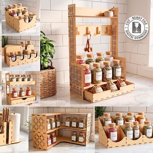 Puede incluir: Una colección de diez diseños de almacenamiento de cocina en madera cortada con láser, incluyendo especieros, porta utensilios y organizadores. Las piezas de madera clara presentan patrones intrincados y un grosor de material de 6mm.