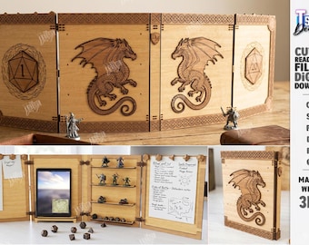 May include: A four-panel wooden dungeon master screen featuring laser-engraved dragon motifs and 20-sided die icons. The interior includes shelves for miniature figures, a tablet holder, and clips for paper notes. The material width is 3mm.