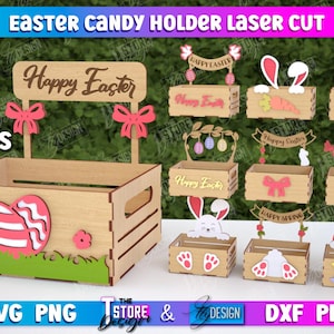 Bundle de panier de porte-bonbons de Pâques 3D, panier-cadeau de Pâques découpé au laser, porte-oeufs de Pâques SVG, découpe laser de stockage de lapin de Pâques, svg de Joyeuses Pâques