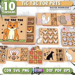 Puede incluir: Juegos de Tic Tac Toe de madera cortados con láser con diseños de mascotas, incluyendo gatos, perros y otros animales. Cada juego incluye un tablero y piezas de juego. La imagen incluye el texto "Tic Tac Toe Pets" y "10 Designs".