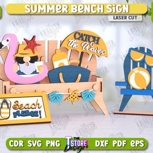 Summer Bench Sign Laser Cut, Beach Wooden Decor, Summer Interchangeable Bench Sign, Holiday Signs, Summer Tiered Tray, Standing Decor v.1