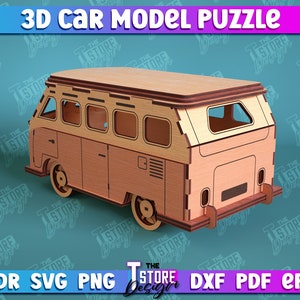 Puede incluir: Un rompecabezas de modelo de coche 3D de madera de una furgoneta de camping vintage. El modelo est&aacute; hecho de madera cortada con l&aacute;ser y est&aacute; listo para ensamblarse. El rompecabezas tiene 3 mm de grosor y viene con instrucciones.