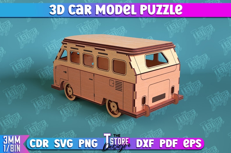 Puede incluir: Un rompecabezas de modelo de coche 3D de madera de una furgoneta de camping vintage. El modelo est&aacute; hecho de madera cortada con l&aacute;ser y est&aacute; listo para ensamblarse. El rompecabezas tiene 3 mm de grosor y viene con instrucciones.
