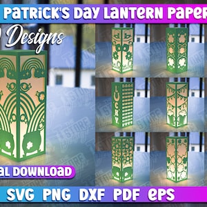 May include: Ten digital designs for St. Patrick's Day lantern papercuts. The designs feature various Irish themes, including shamrocks, rainbows, and pots of gold. The designs are available in SVG, PNG, DXF, PDF, and EPS formats.