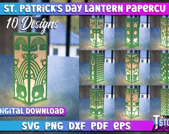 Pacote SVG de lanterna do Dia de São Patrício | Artesanato em papel | Lâmpada de papel SVG | Design da lanterna do dia de St Patrick | Lanterna de corte de papel trevo