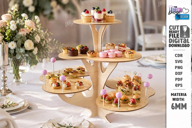 May include: A multi-tiered wooden dessert stand displaying various miniature pastries, cupcakes, and appetizers. The stand has a tree-like design and is filled with colorful treats. The text "CUT READY FILE DIGITAL DOWNLOAD" is visible.