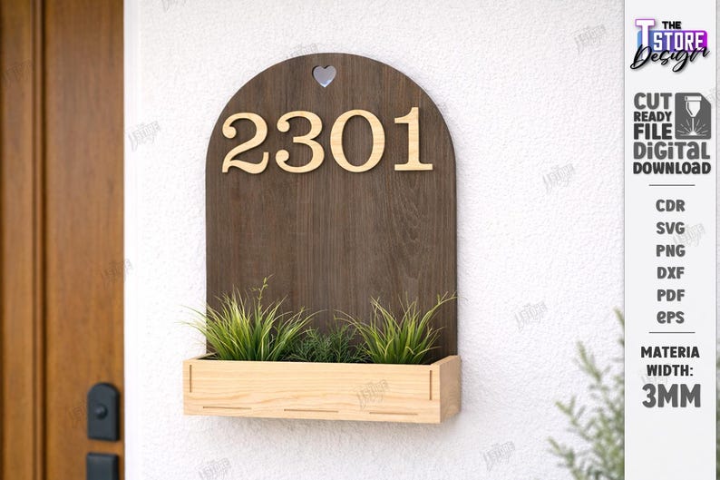 House Number Sign SVG - Laser Cut Address Plaque With Planter Box ...