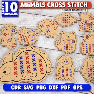 Animals Cross Stitch Laser Cut Bundle, Montessori Lacing SVG, Educational Toys, Embroidery for Kids, Wooden Cross Stitch Pendant, Kids Games