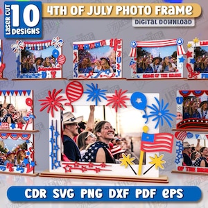 Op de afbeelding: Een verzameling van tien lasergesneden fotolijstontwerpen voor 4 juli. Elke lijst heeft rood, wit en blauw patriottische decoraties, waaronder sterren, vuurwerk en vlaggen. De lijsten zijn ontworpen om foto's te bevatten en zijn digitaal te downloaden.