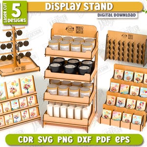 Display stand laser cut bundle, 3d retail display stands svg, shelf display stand files, market standing display, keychain holder stand svg