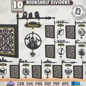 Può includere: Divisori per libreria tagliati al laser con vari design, tra cui una cornice decorativa e insegne a tema genere come "Horror" e "Detective". I divisori sono neri con dettagli dorati e sono disponibili per il download digitale.