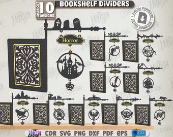 Pacote de divisórias de estante 3D cortadas a laser, suportes de livros vintage svg, divisórias de gênero de livro, abas divisórias de estante cortadas a laser, placas de biblioteca vintage