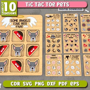 Tic Tac Toe Pets Game Laser Cut Design, Kids Board Game SVG, Personalized Wooden Tic Tac Toe Game, Children Gift, Children Travel Game Gift
