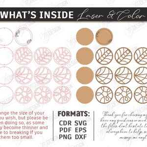 May include: Digital design elements for laser cutting, featuring circular designs in red and tan. The designs include floral and geometric patterns, with the text "WHAT'S INSIDE Laser & Color" at the top. Includes file formats CDR, SVG, PDF, EPS, PNG, and DXF.