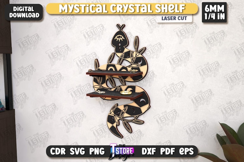 May include: A laser-cut, black and tan Mystical Crystal Shelf, 6mm (1/4 in) thick, with two shelves. The shelf is shaped like a stylized snake with geometric patterns and celestial accents. The text "Mystical Crystal Shelf" is at the top.