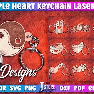 Couple Heart Keychain Laser Cut Bundle  | Heart Design Laser Cut SVG Bundle | Wooden Couple Keychain CNC Files