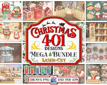 May include: A collage of Christmas-themed laser-cut designs. The central image features a sign that reads "Christmas 401 Designs Mega Bundle Laser Cut." Other images include decorative ornaments, figurines, and festive scenes, all in a variety of colors.