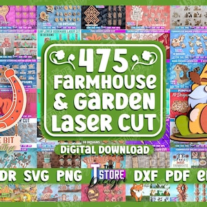 Puede incluir: Un collage de 475 diseños de corte por láser de estilo rústico y de jardín. Los diseños incluyen un gnomo, una herradura, una calabaza y una variedad de flores y plantas. El texto "475 Farmhouse & Garden Laser Cut" se muestra en un cuadro verde con texto blanco. El texto "CDR SVG PNG DXF PDF EPS" se muestra en un cuadro azul con texto blanco.