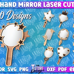 Puede incluir: Diez diseños de espejo de mano cortados con láser. Los diseños incluyen una estrella, un corazón, una corona, una flor y un gato. Los diseños son todos de color madera claro y están sobre un fondo azul.