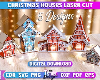 3D Christmas House Laser Cut Bundle, Christmas Scene House, Winter Wonderland Miniature Houses, Miniature Village Houses, 3D Xmas House SVG