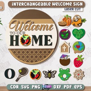 Pu&ograve; includere: Un cartello di benvenuto intercambiabile, tagliato al laser, con la scritta "Welcome to Our Home". Include vari ritagli decorativi come una zucca, un quadrifoglio e una fragola. Download digitale.